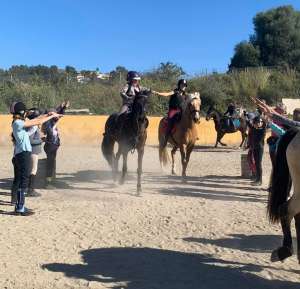 Pairs riding practice dressage at Ranch Siesta Los Rubios in Estepona riding stables