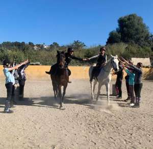 Pairs riding practice dressage at Ranch Siesta Los Rubios in Estepona riding stables