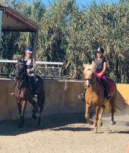 Pairs riding practice dressage at Ranch Siesta Los Rubios in Estepona riding stables